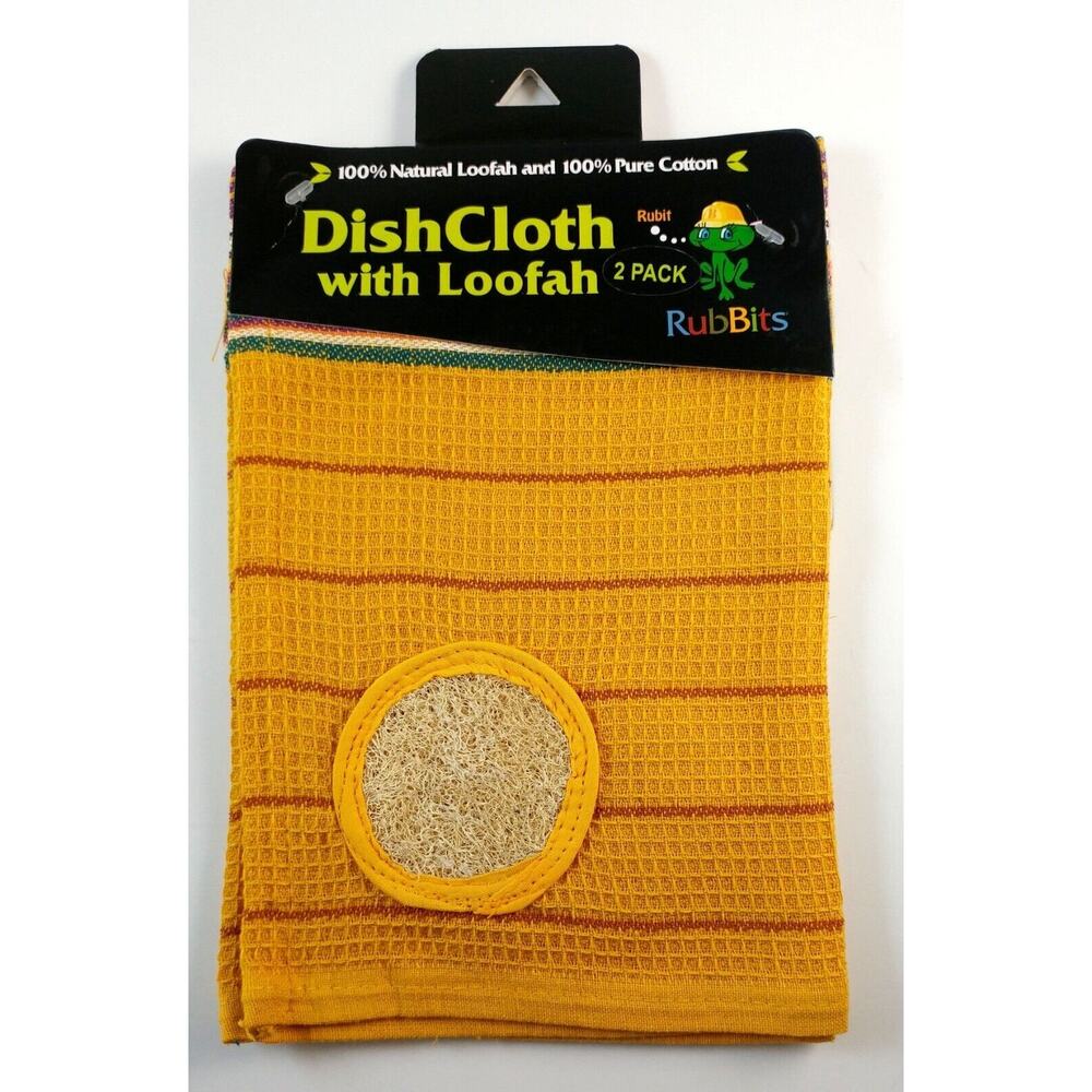 Kitchen Dishcloth Yellow 100% Natural Cotton With Built In Loofah Scrubber
